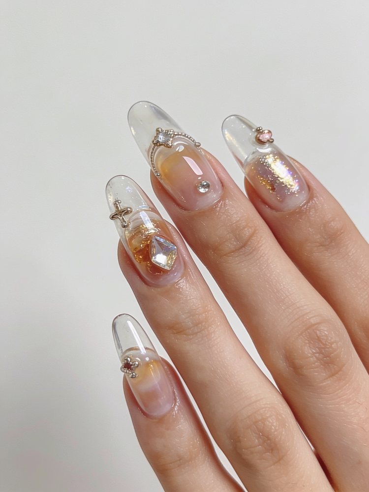Long clear jelly acrylic nails with charms suspended inside