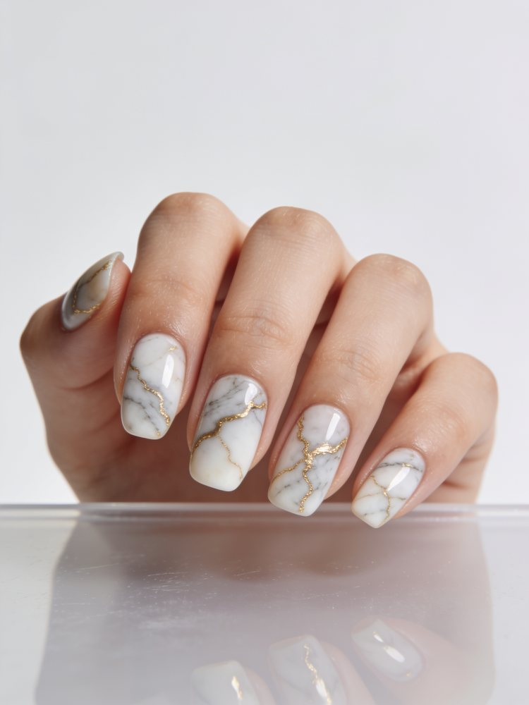 Long coffin acrylic nails in white marble with gold veining