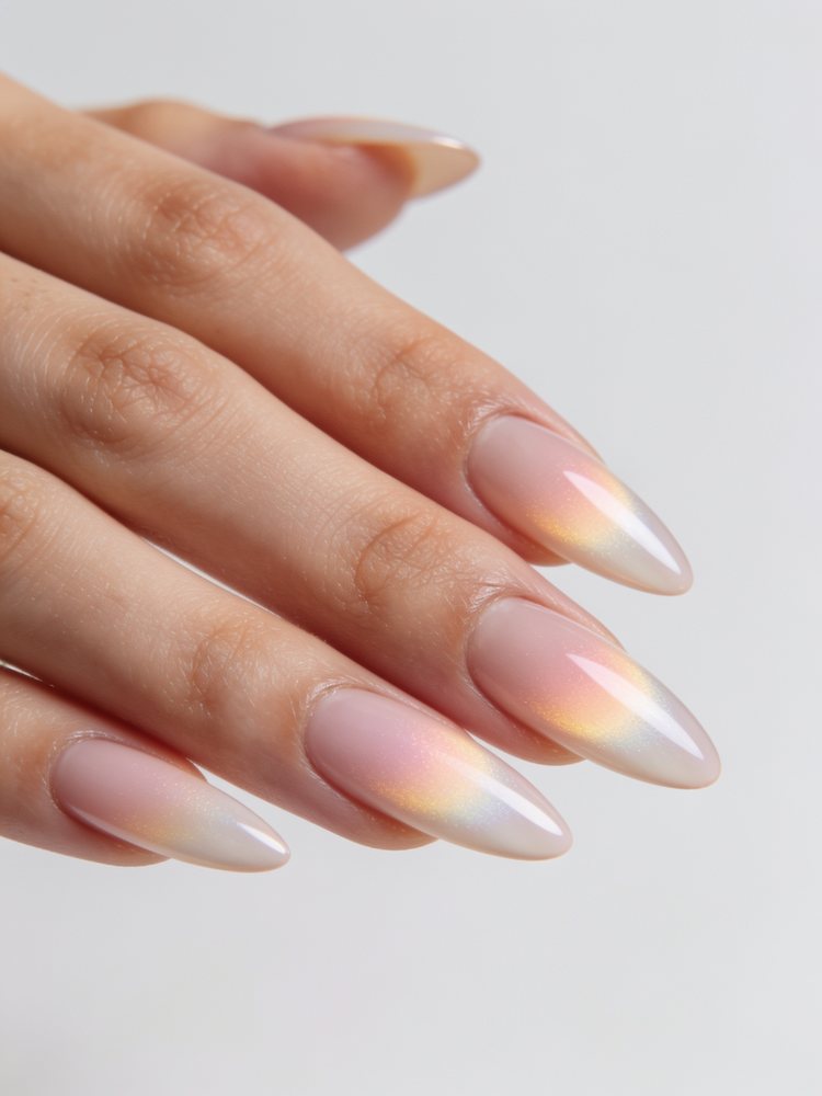 Medium almond acrylic nails with a soft blue aura