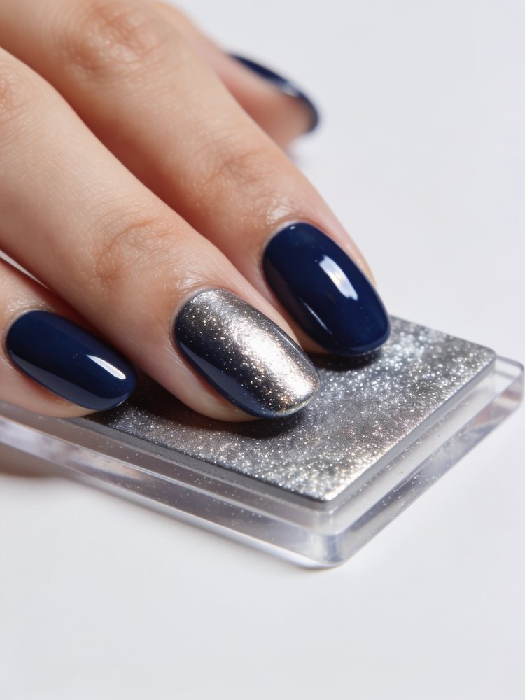 Medium coffin acrylic nails in mirror chrome over navy