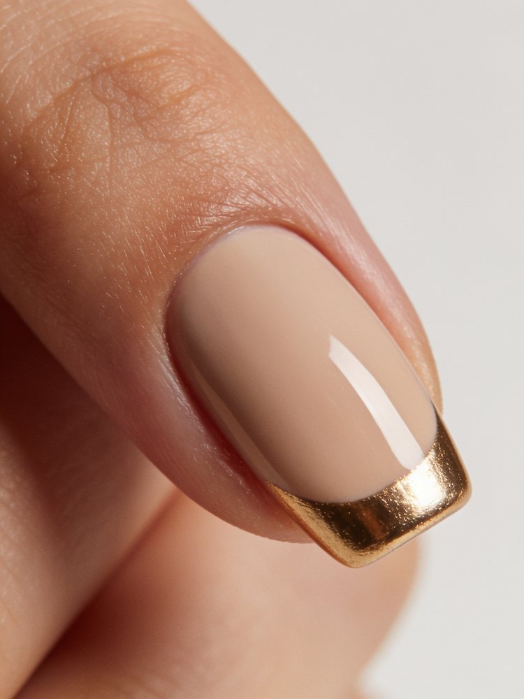 Medium almond acrylic nails with a gold chrome French tip