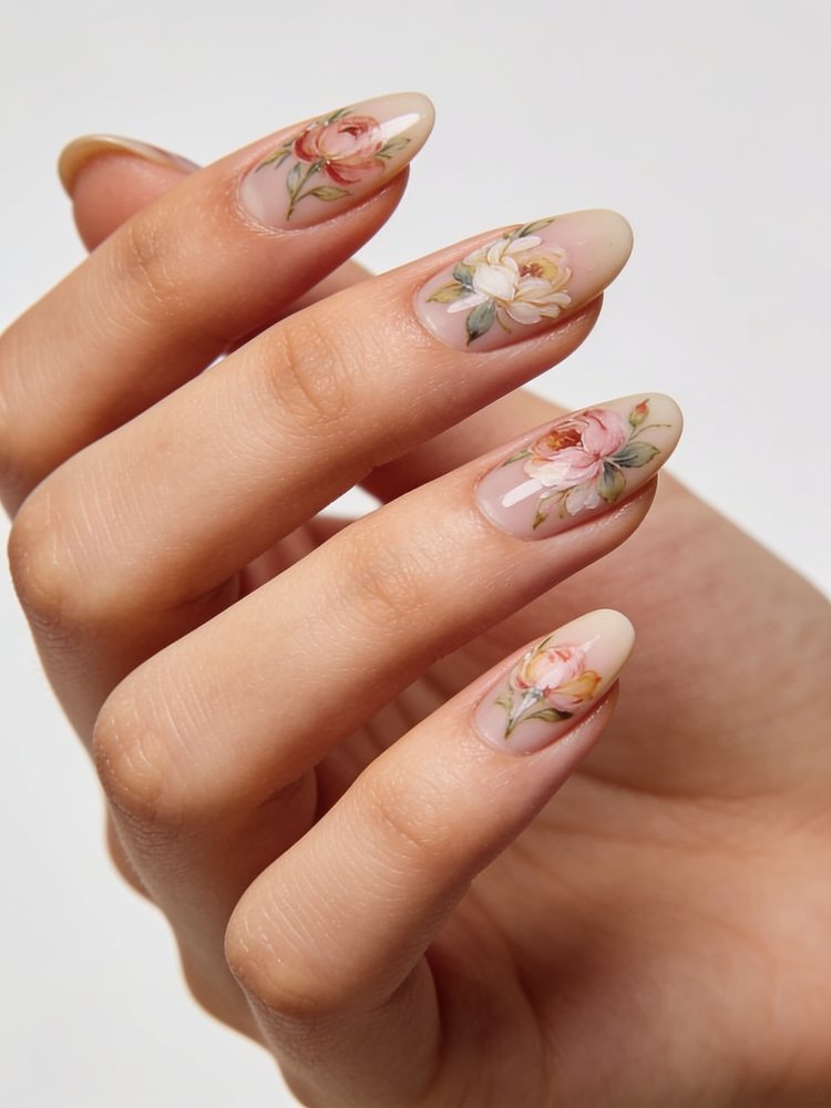 Long almond acrylic nails with hand painted florals on two accent nails