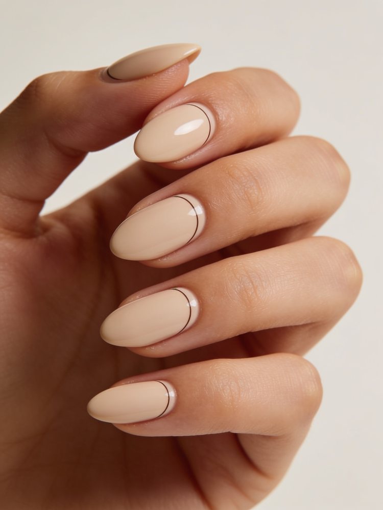 Medium almond acrylic nails with a fine gold line running lengthways