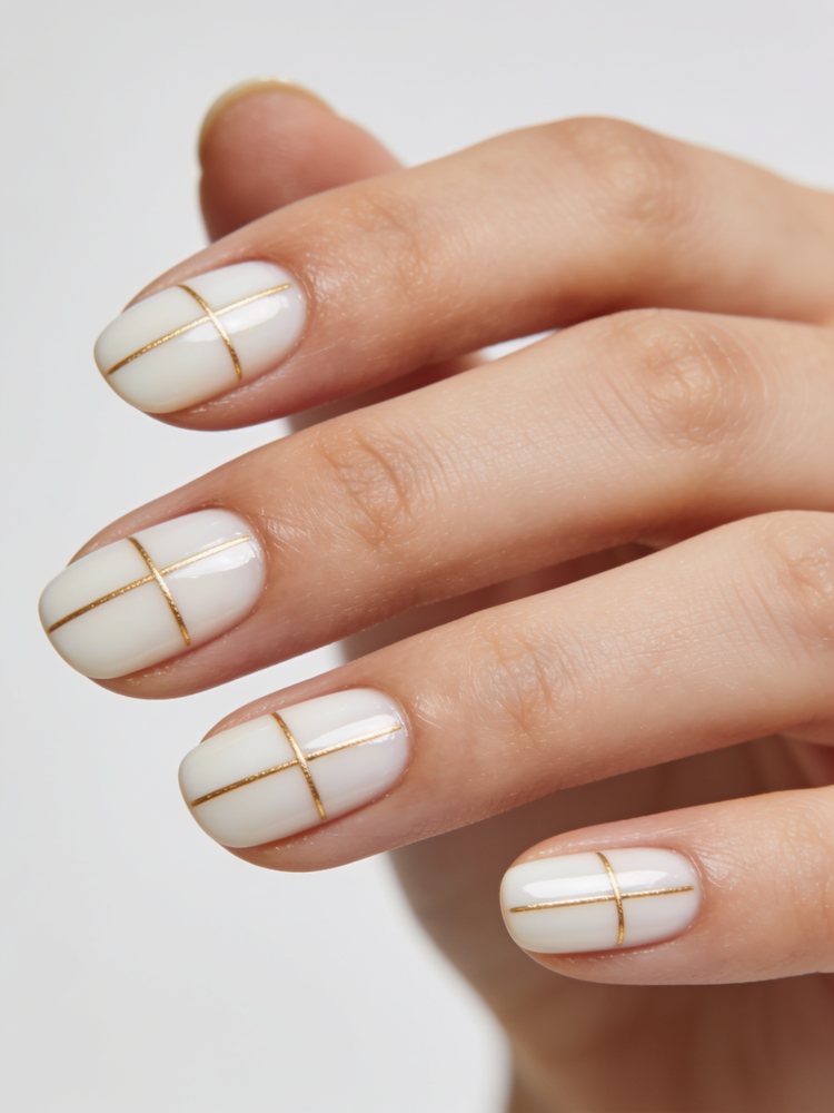 Short almond nails in milky white with a thin gold line down the centre of two nails