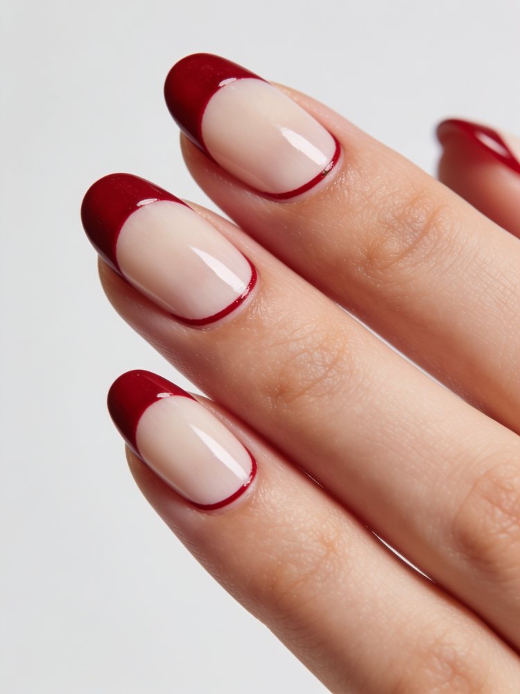Short square nails with a very thin cherry red French tip