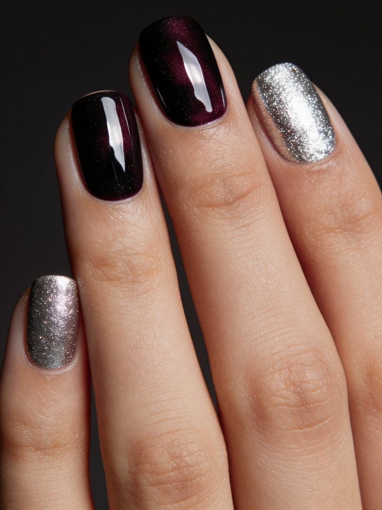 Medium coffin nails in mirror chrome over a deep plum base