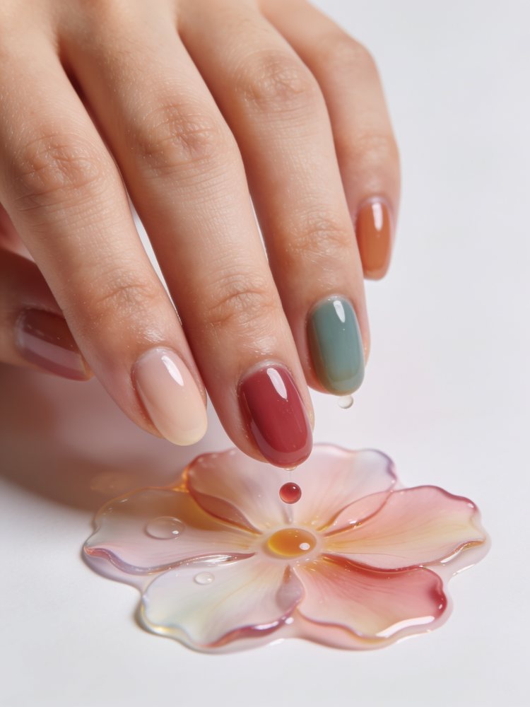 Medium almond nails with soft lilac blooming gel flowers