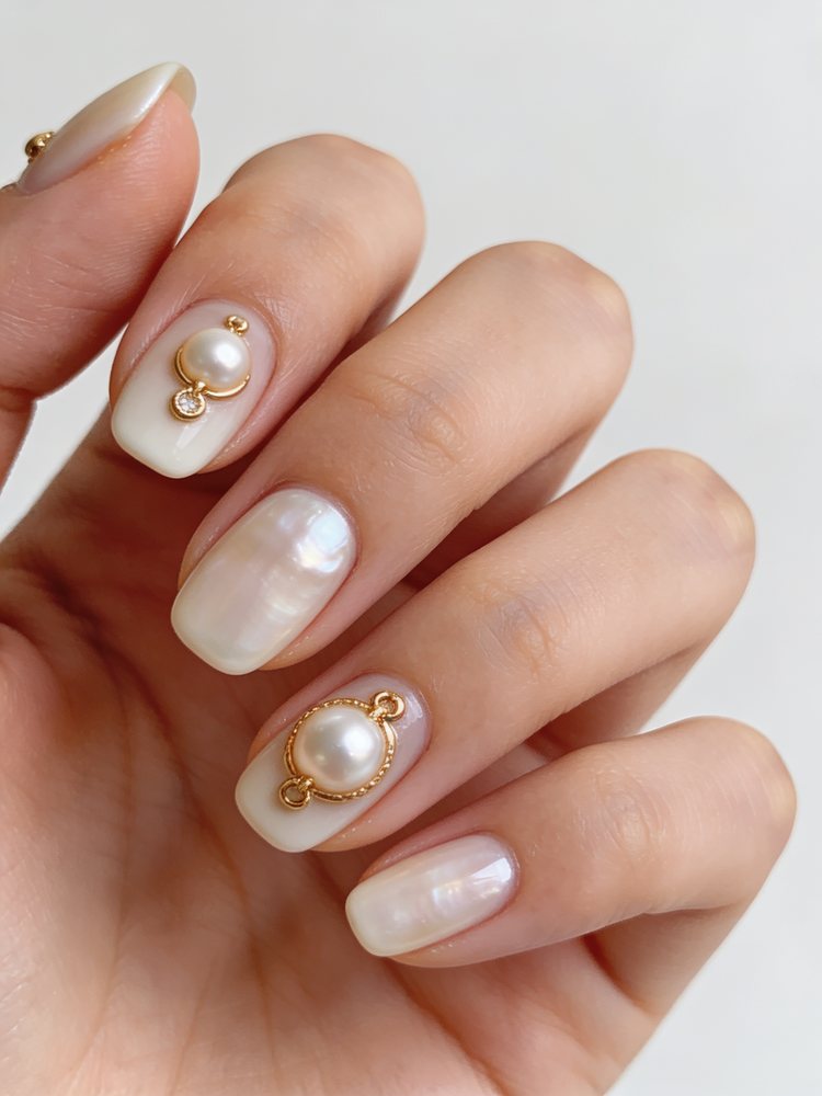 Long almond nails with flat pearl and gold charm detail near the cuticle