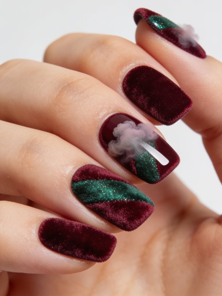 Medium almond nails in burgundy with a soft velvet shimmer
