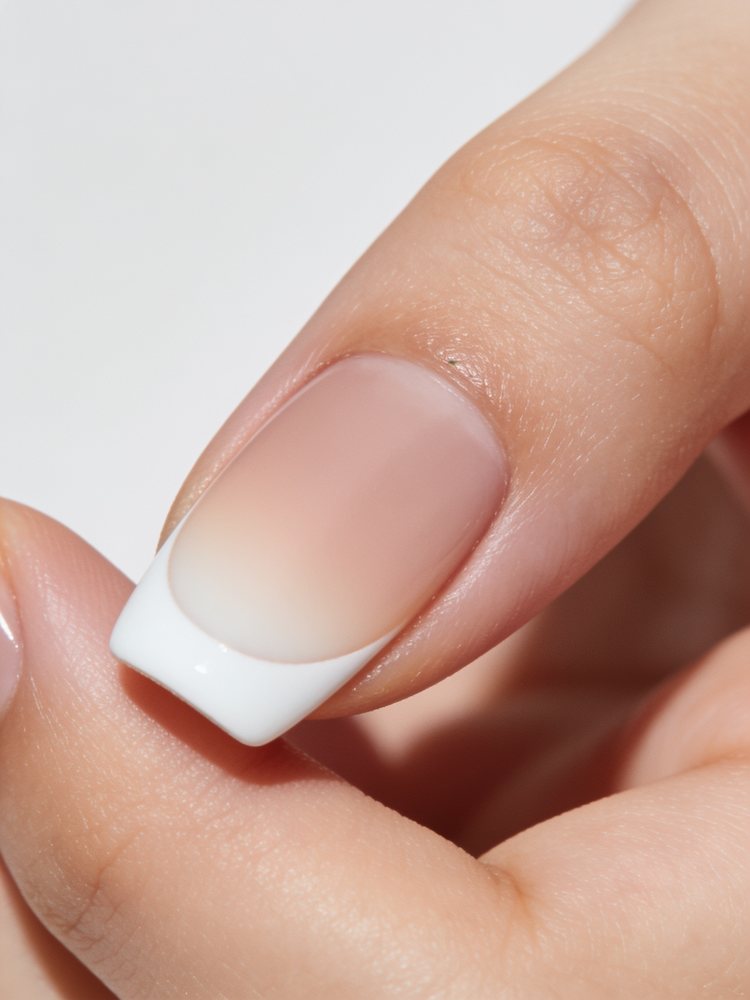 Medium coffin nails with a seamless nude to white ombre fade