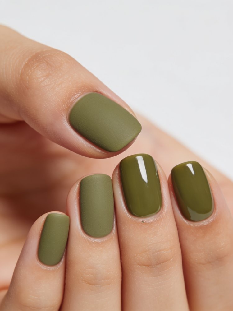 Short squoval nails in matte olive green