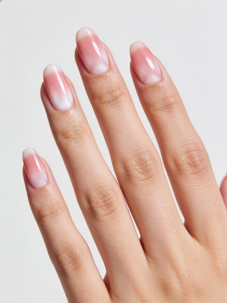 Short round nails in soft strawberry milk pink