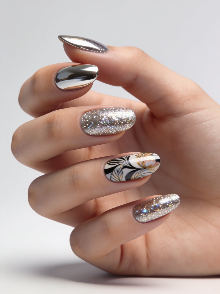 Medium almond nails in nude with one glitter statement nail