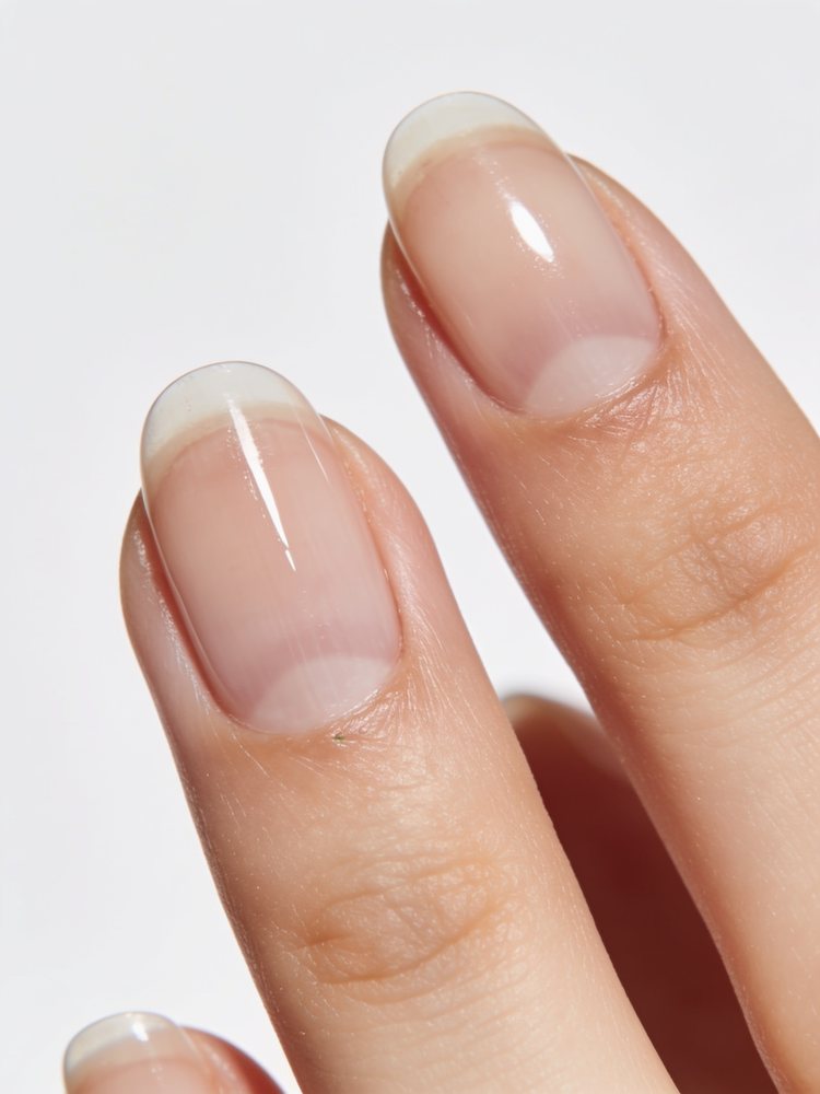 Short natural nails with a single sheer coat of pale pink