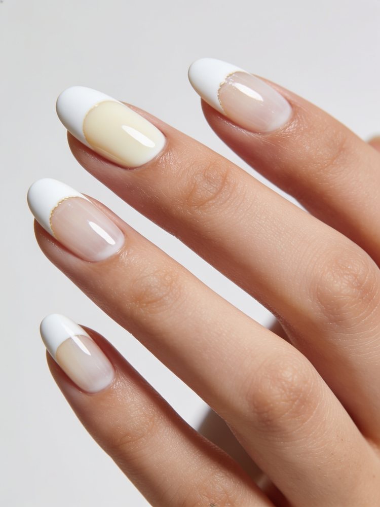 Short round nails in sheer milky off-white