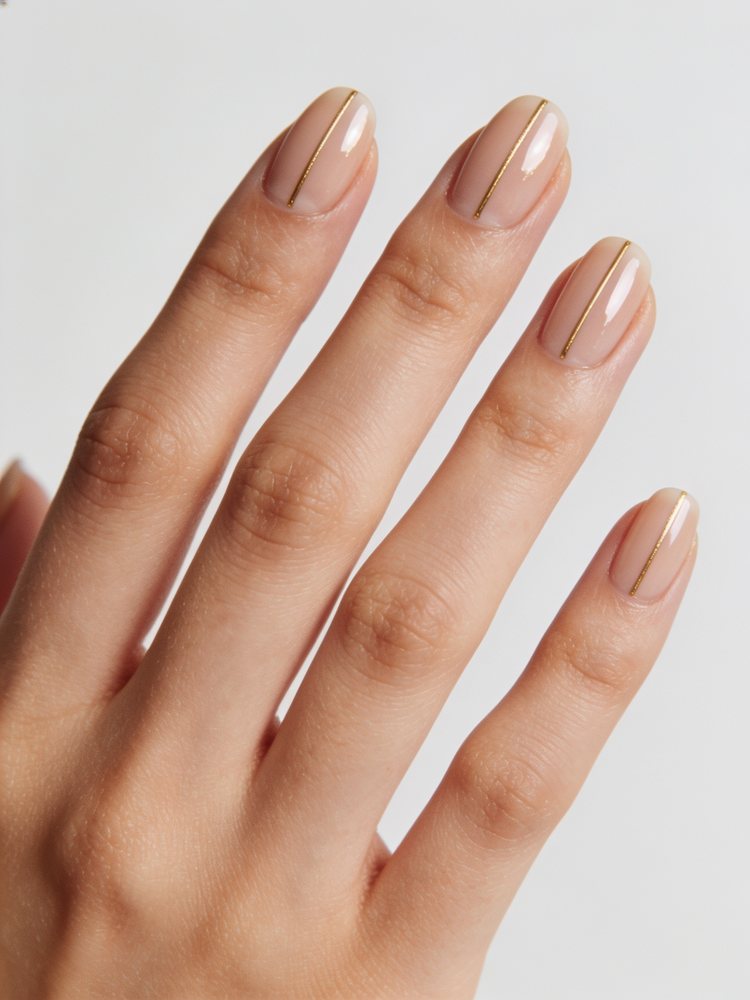 Short almond nails with a fine gold line running lengthways