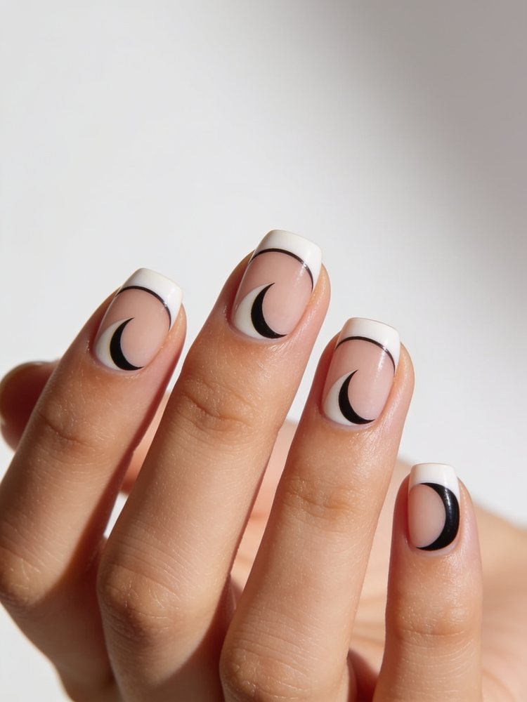 Medium oval gel nails with a cream half moon at the base
