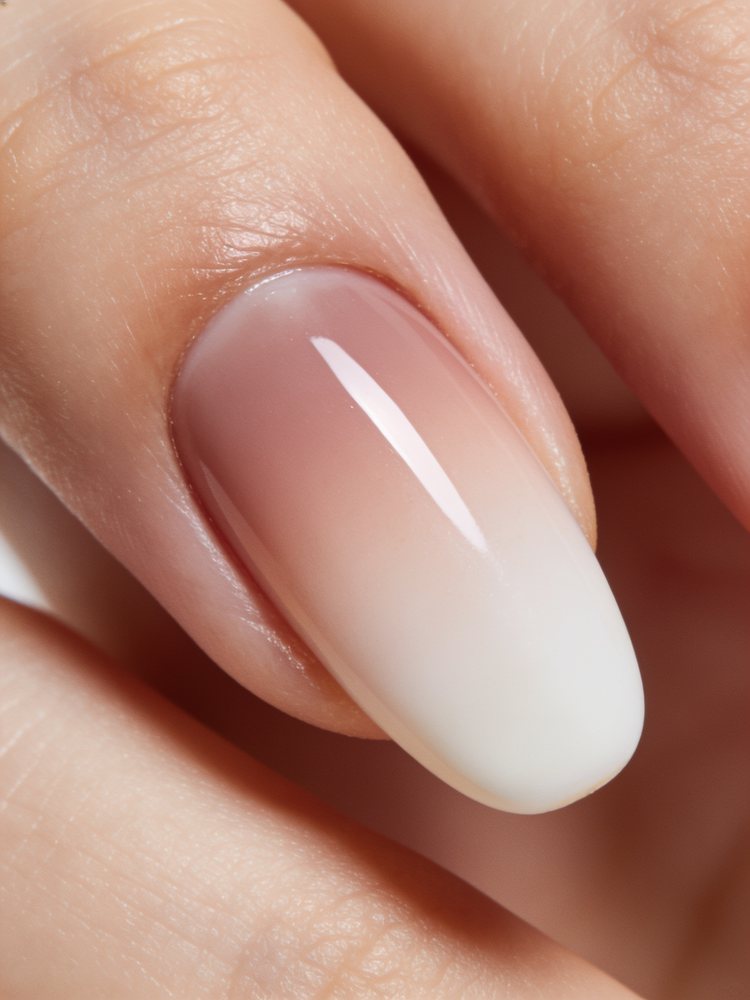Medium coffin gel nails fading from nude to deep rose