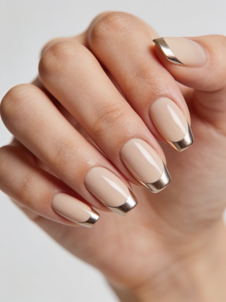 Medium almond gel nails with a gold chrome tip