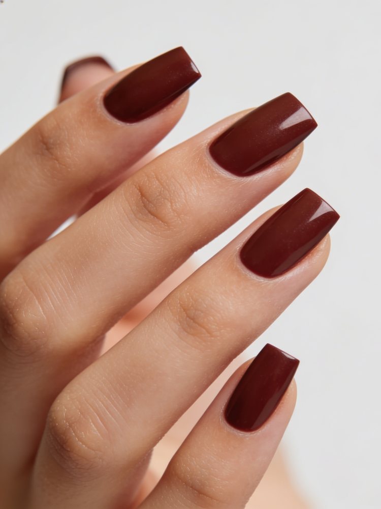 Short square nails in deep oxblood red