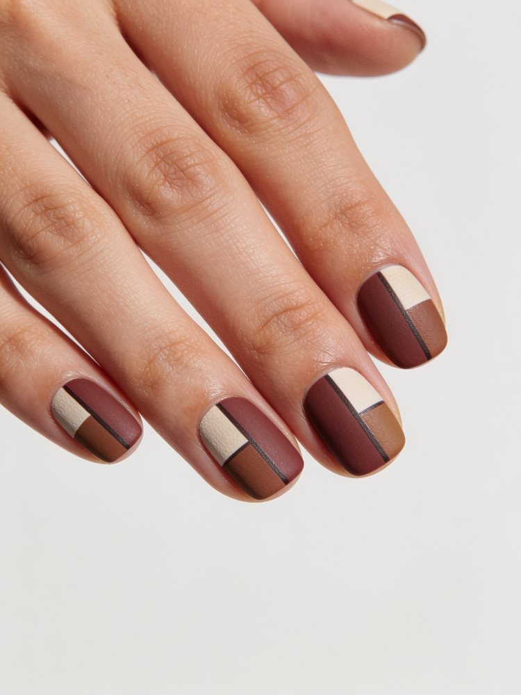 Medium square nails in a two tone cream and pink colour block