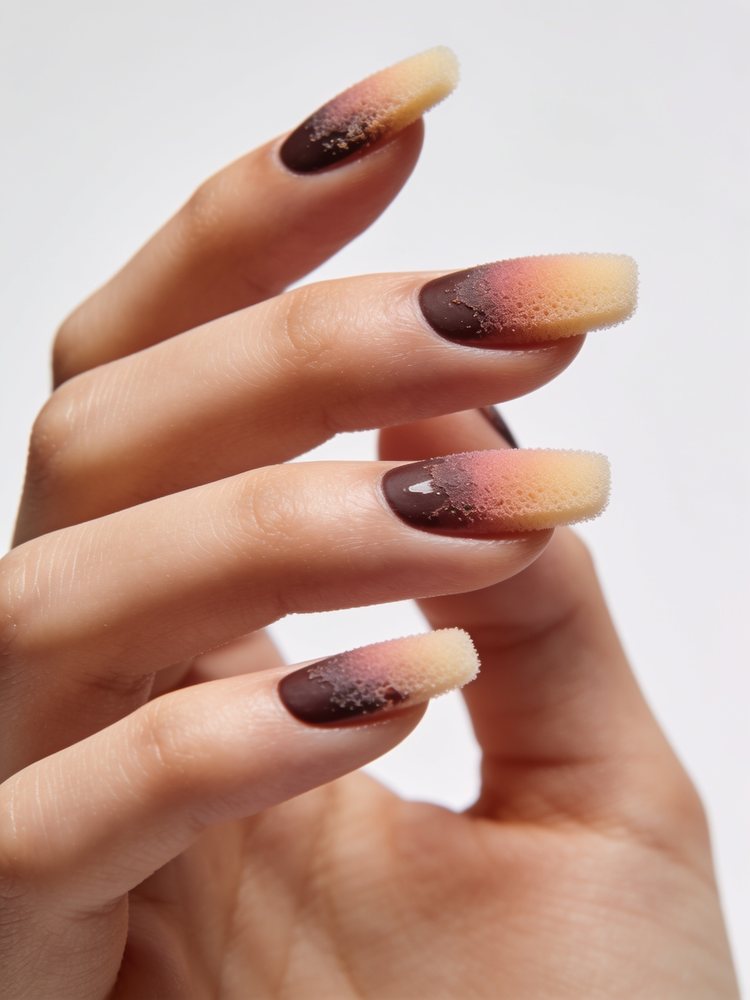 Medium squoval nails in a sponged peach to cream ombre
