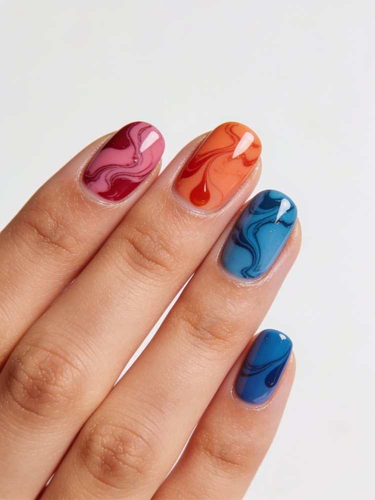 Medium square nails with soft grey marble swirls