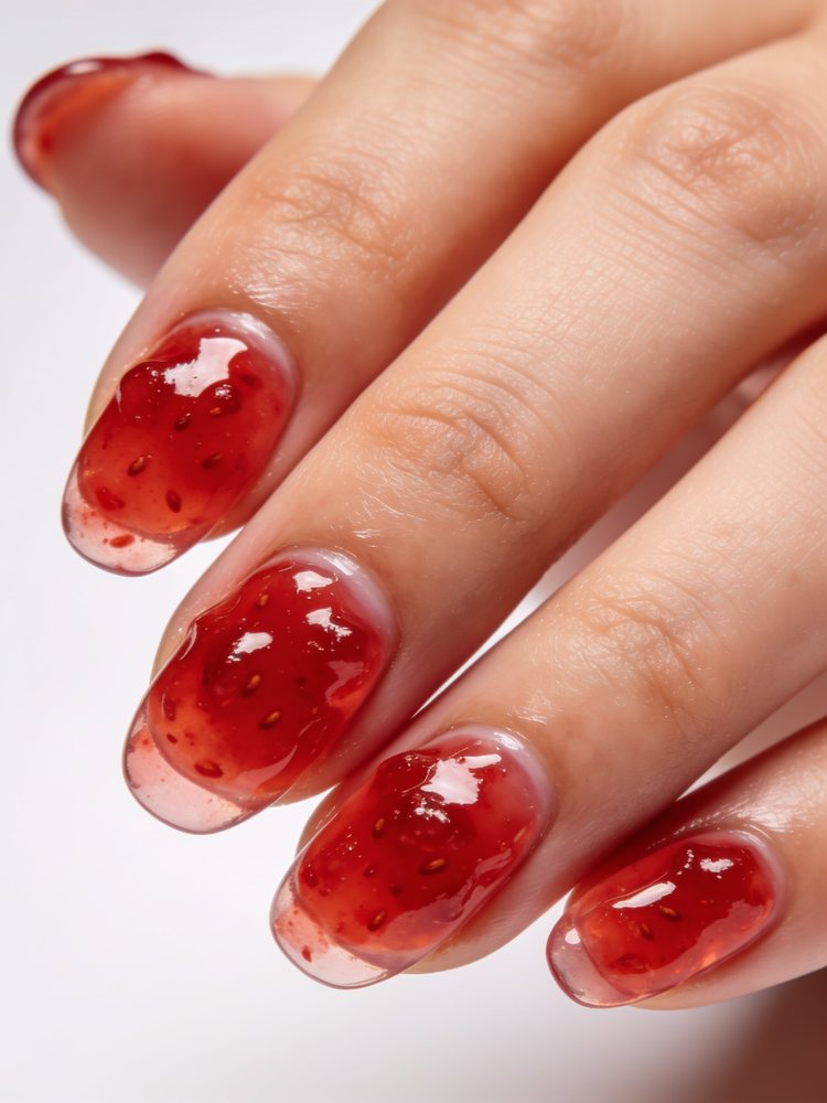 Short round nails in translucent jelly strawberry red