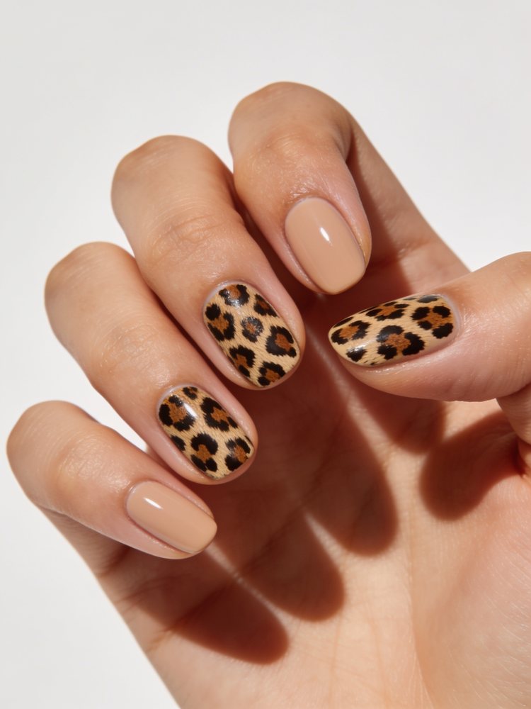 Long coffin nails in caramel with leopard print accent nails