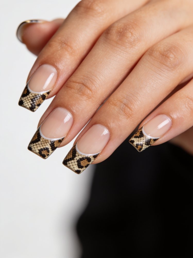 Long almond nails with animal print French tips
