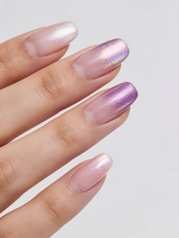 Short almond nails with a pearl glazed pink finish