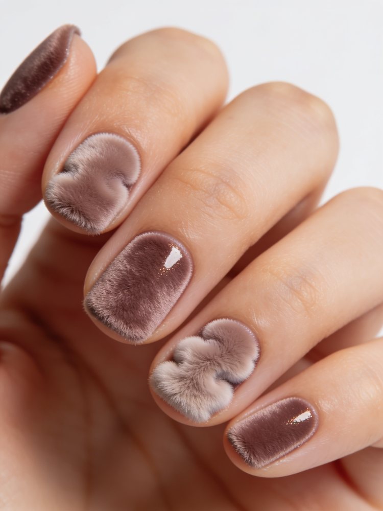 Medium almond nails in taupe velvet magnetic gel