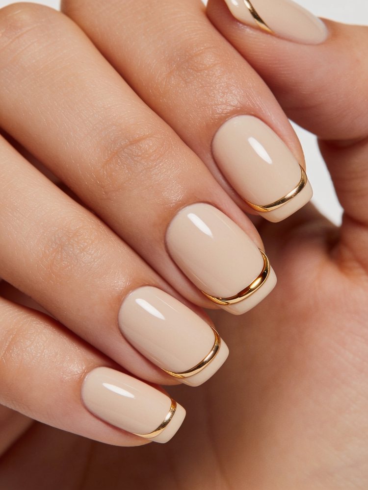 Medium almond nails in nude with a thin gold cuticle band