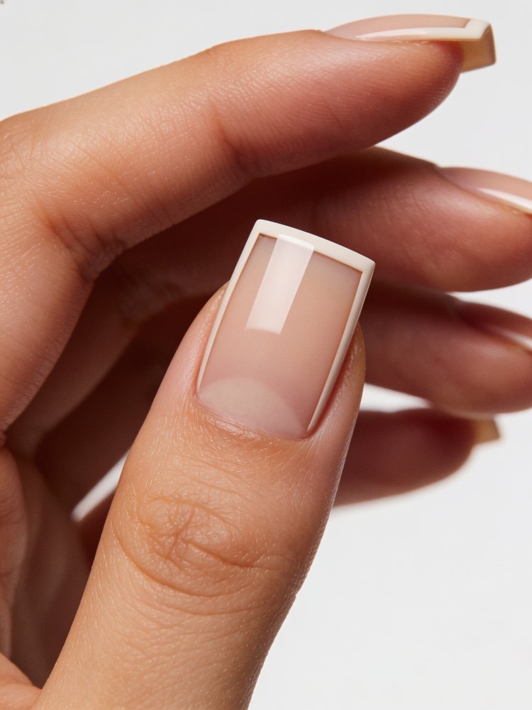Short square nails with straight sides and a flat free edge in glossy cream