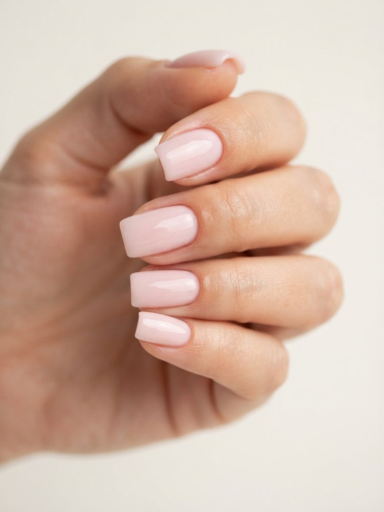 Short squoval nails with softly rounded corners in warm nude