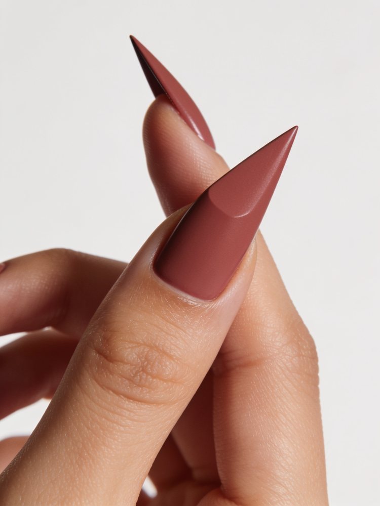 Medium lipstick shaped nails with a diagonal cut tip in glossy red